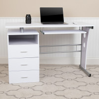 Flash Furniture NAN-WK-008-WH-GG White Desk with Three Drawer Pedestal and Pull-Out Keyboard Tray